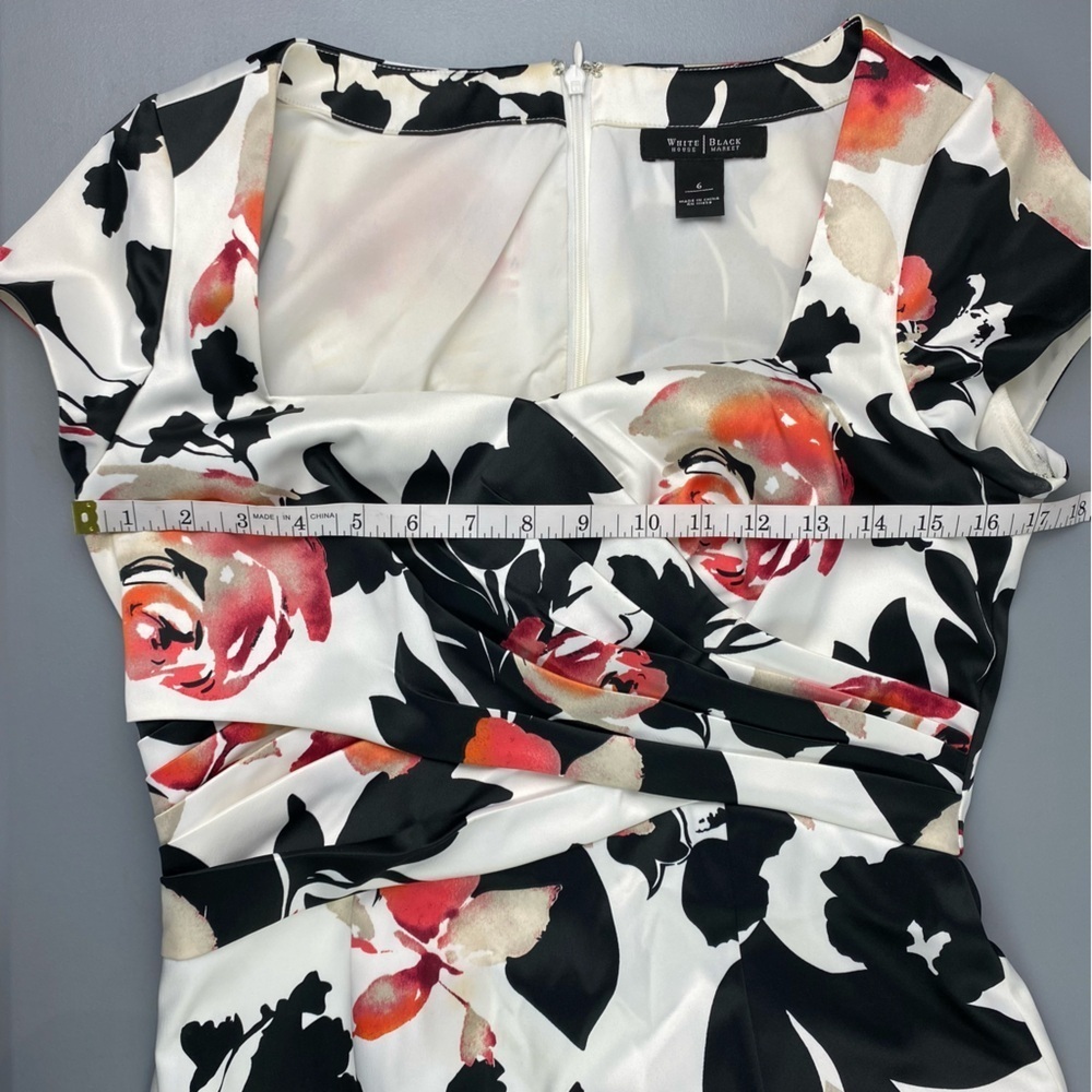 WHBM Floral Print Silky Cap Sleeve Scoop Neck Black White Coral Red/Pink Dress 6 - Picture 7 of 13